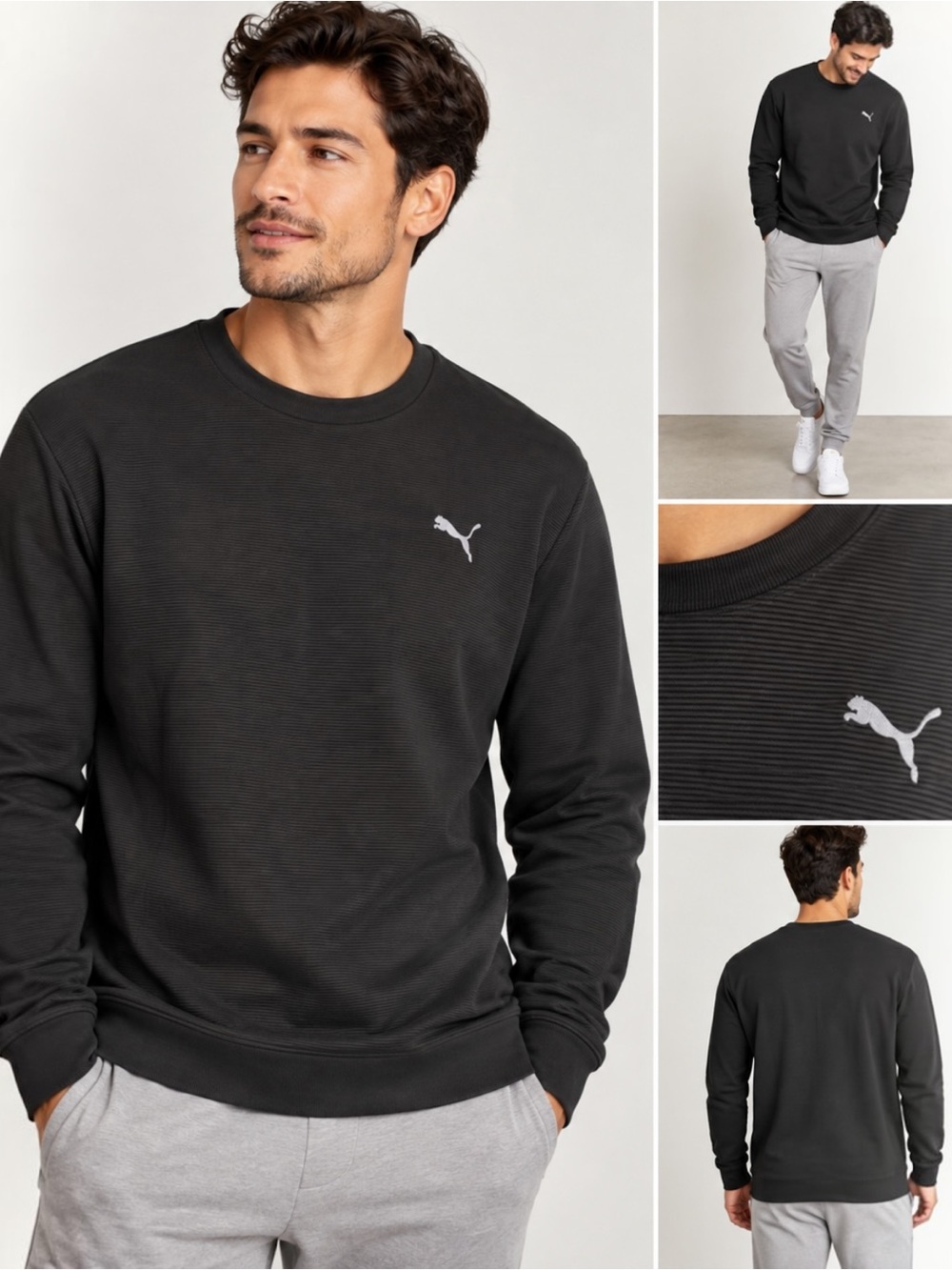PUMA Mens XL Ribbed Knit Crewneck Sweatshirt Black Logo 892219-01 Cotton Blend